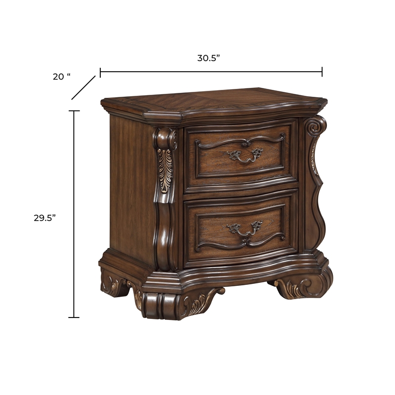 Gony Nightstand- 2 Drawers- Traditional Carving- Gold Accents- Dark Brown