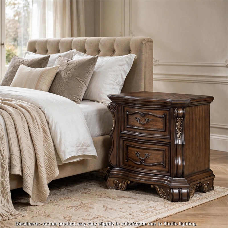 Gony Nightstand- 2 Drawers- Traditional Carving- Gold Accents- Dark Brown