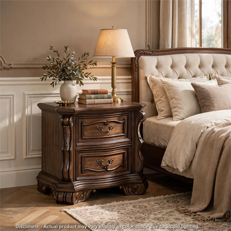 Gony Nightstand- 2 Drawers- Traditional Carving- Gold Accents- Dark Brown