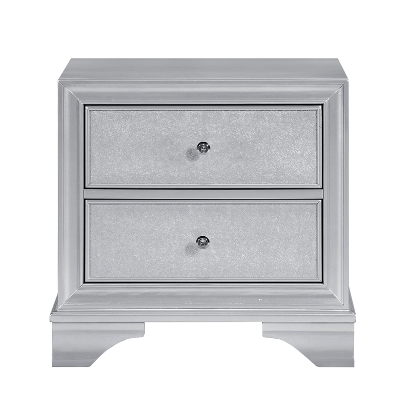 Aman Nightstand- 2 Drawers- Embossed Front- Acrylic Diamond Knobs- Silver