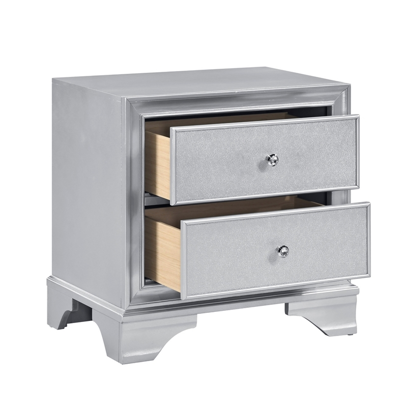 Aman Nightstand- 2 Drawers- Embossed Front- Acrylic Diamond Knobs- Silver