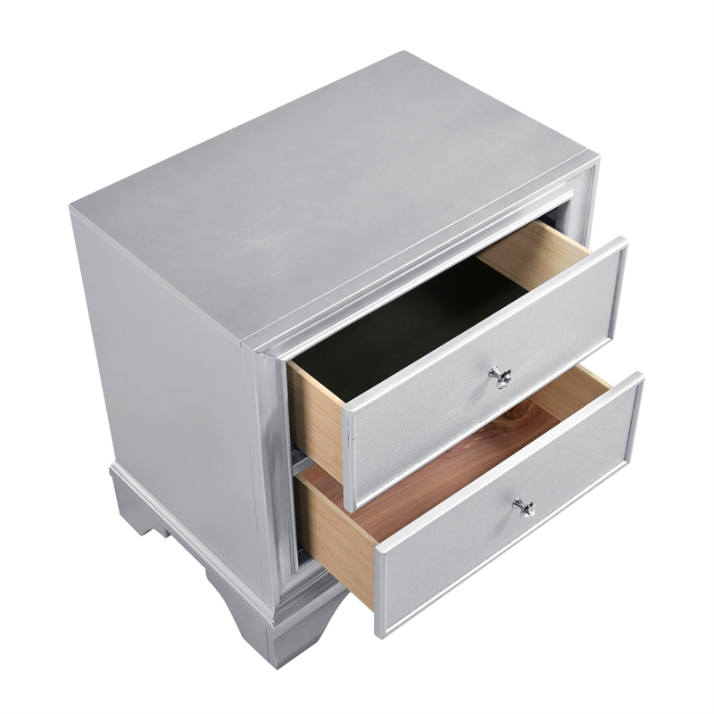 Aman Nightstand- 2 Drawers- Embossed Front- Acrylic Diamond Knobs- Silver