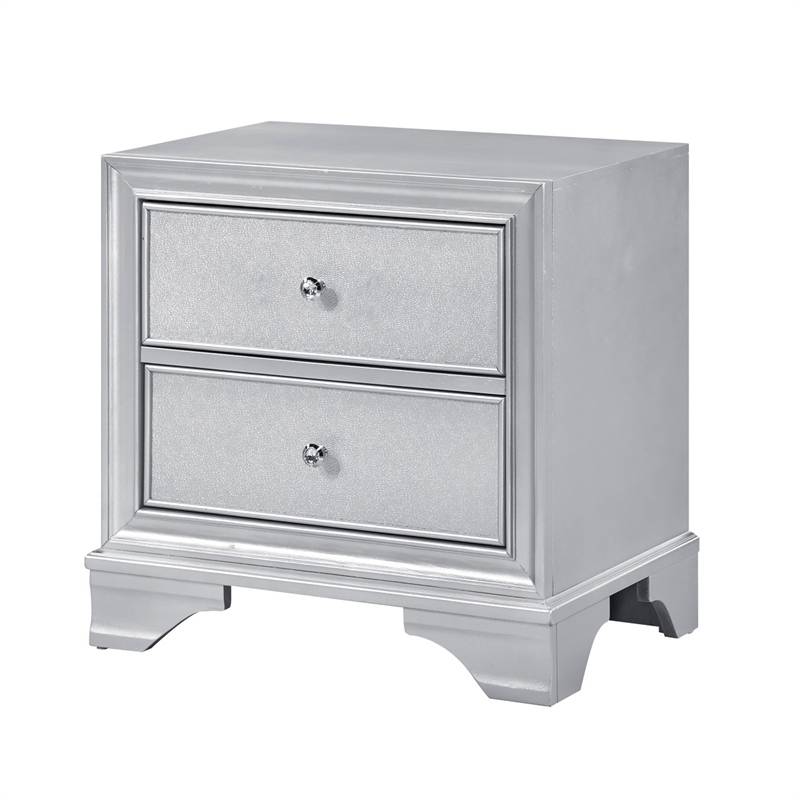 Aman Nightstand- 2 Drawers- Embossed Front- Acrylic Diamond Knobs- Silver