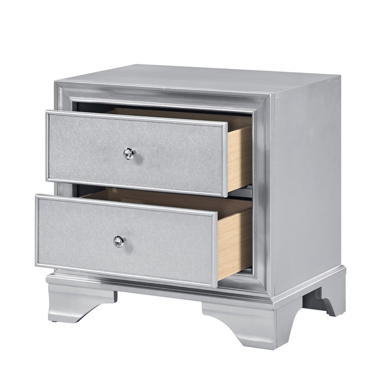 Aman Nightstand- 2 Drawers- Embossed Front- Acrylic Diamond Knobs- Silver