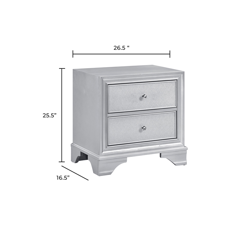Aman Nightstand- 2 Drawers- Embossed Front- Acrylic Diamond Knobs- Silver