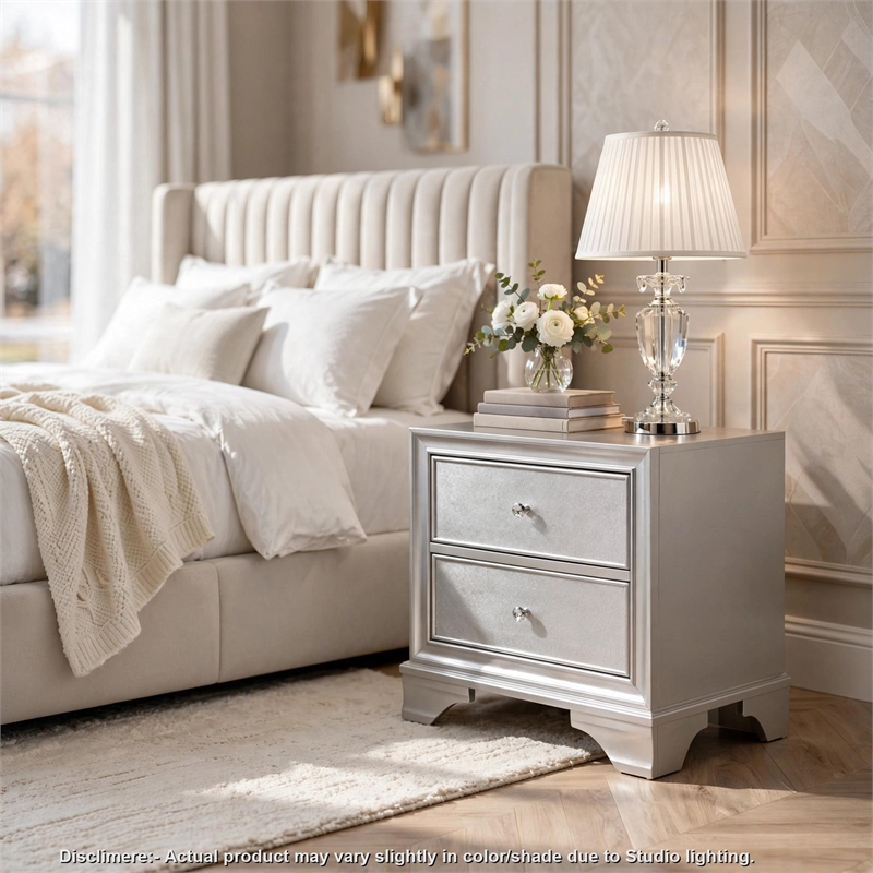 Aman Nightstand- 2 Drawers- Embossed Front- Acrylic Diamond Knobs- Silver