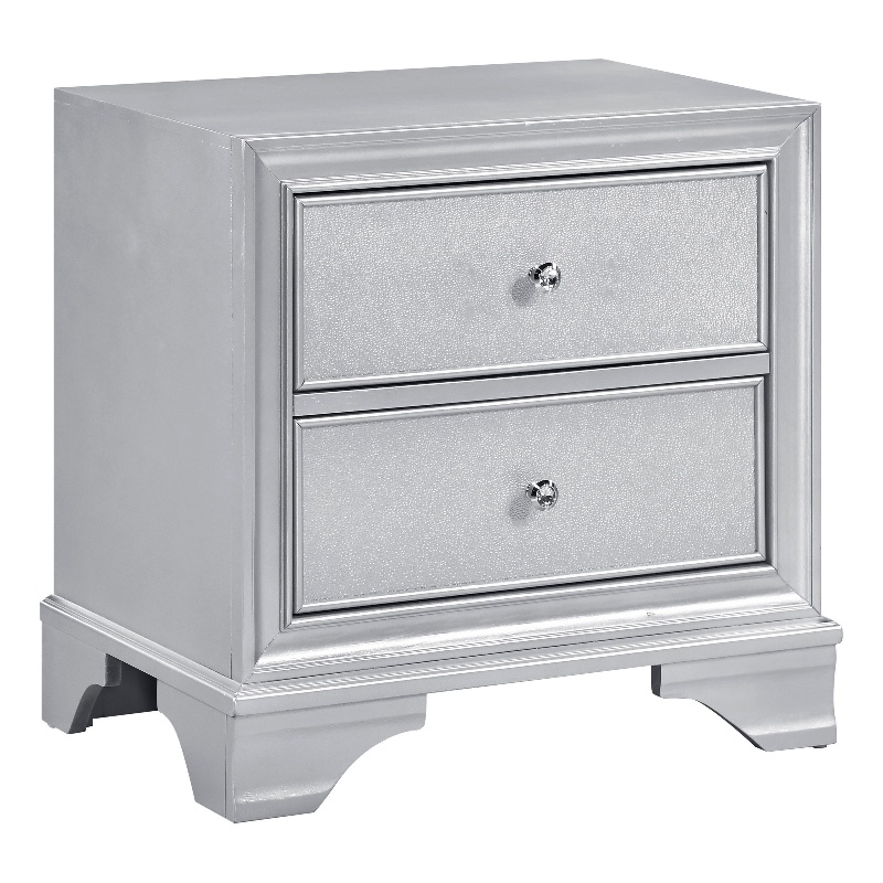 Aman Nightstand- 2 Drawers- Embossed Front- Acrylic Diamond Knobs- Silver