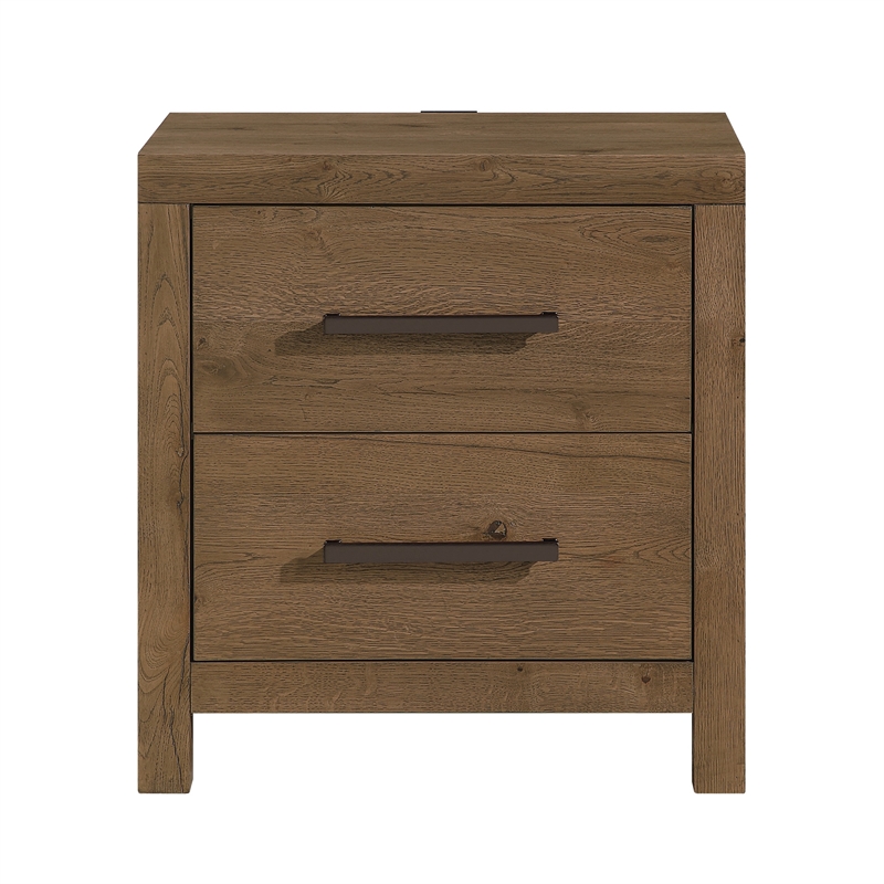 Masi Nightstand- 2 Drawers- Built-In USB Ports- Transitional Style- Brown