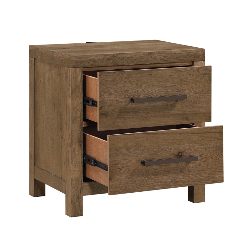 Masi Nightstand- 2 Drawers- Built-In USB Ports- Transitional Style- Brown