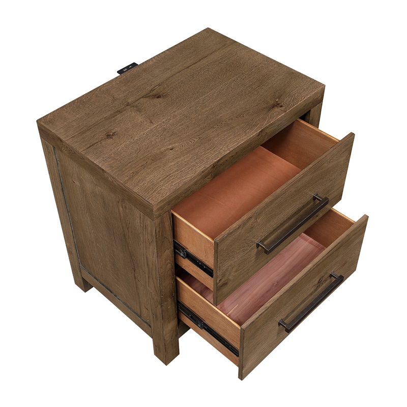 Masi Nightstand- 2 Drawers- Built-In USB Ports- Transitional Style- Brown