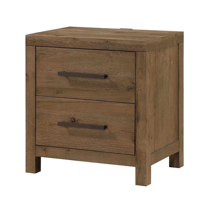 Masi Nightstand- 2 Drawers- Built-In USB Ports- Transitional Style- Brown