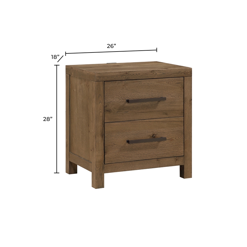 Masi Nightstand- 2 Drawers- Built-In USB Ports- Transitional Style- Brown