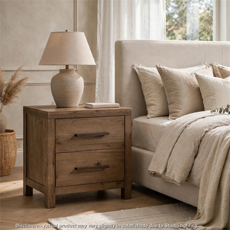 Masi Nightstand- 2 Drawers- Built-In USB Ports- Transitional Style- Brown