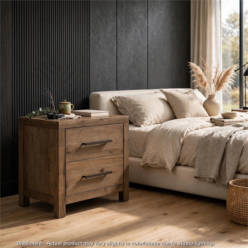 Masi Nightstand- 2 Drawers- Built-In USB Ports- Transitional Style- Brown