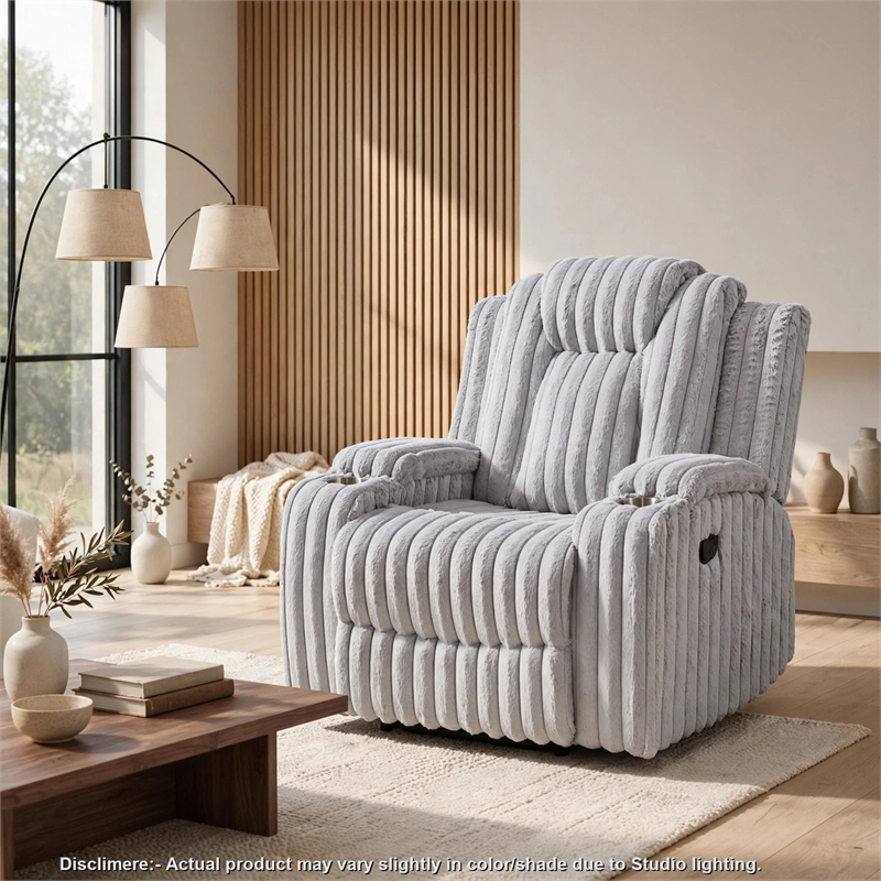 Phil Tab-Pull Recliner Chair with Cup Holders- Light Gray Corduroy
