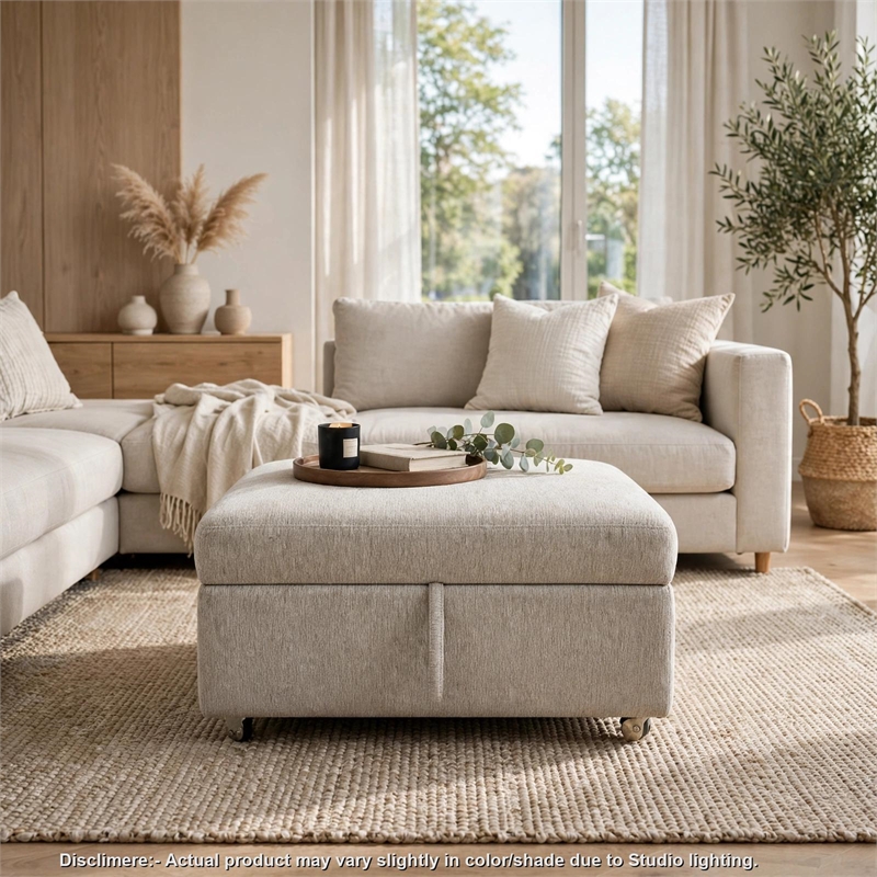 Inaya Storage Ottoman with Casters- Brown Wood-Sage Sand Microfiber-41 Inch