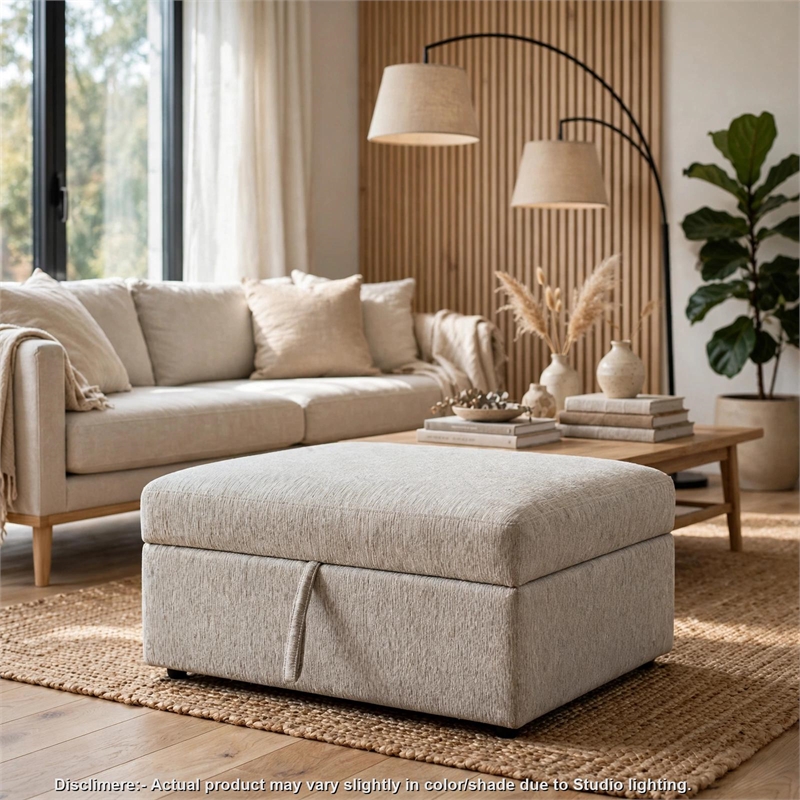 Inaya Storage Ottoman with Casters- Brown Wood-Sage Sand Microfiber-41 Inch