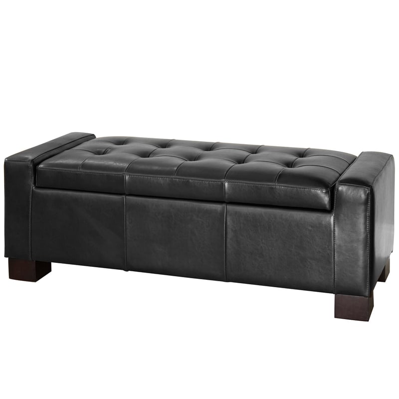 Storage Ottoman Bench- Tufted Black Faux Leather- Brown Wood Legs 50 Inch