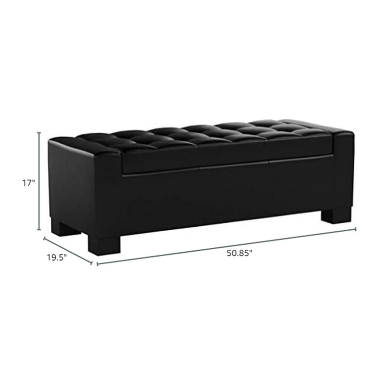 Storage Ottoman Bench- Tufted Black Faux Leather- Brown Wood Legs 50 Inch