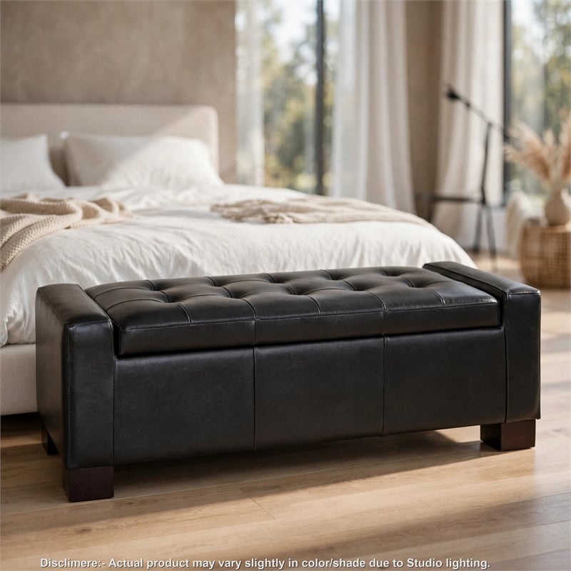 Storage Ottoman Bench- Tufted Black Faux Leather- Brown Wood Legs 50 Inch