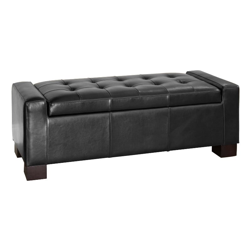 Storage Ottoman Bench- Tufted Black Faux Leather- Brown Wood Legs 50 Inch