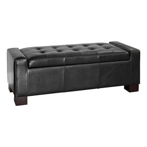 Storage Ottoman Bench- Tufted Black Faux Leather- Brown Wood Legs 50 Inch