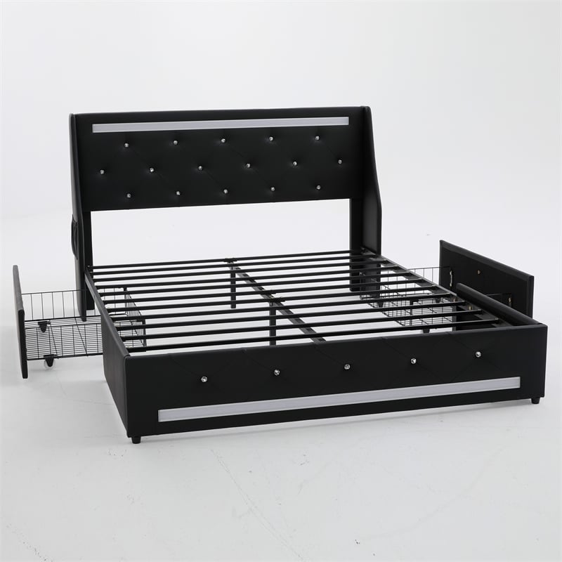 Lesly Storage Full Bed- LED Wingback Headboard- Black Faux Leather