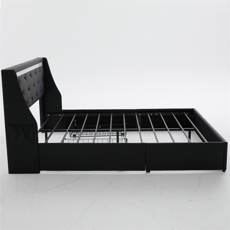 Lesly Storage Full Bed- LED Wingback Headboard- Black Faux Leather