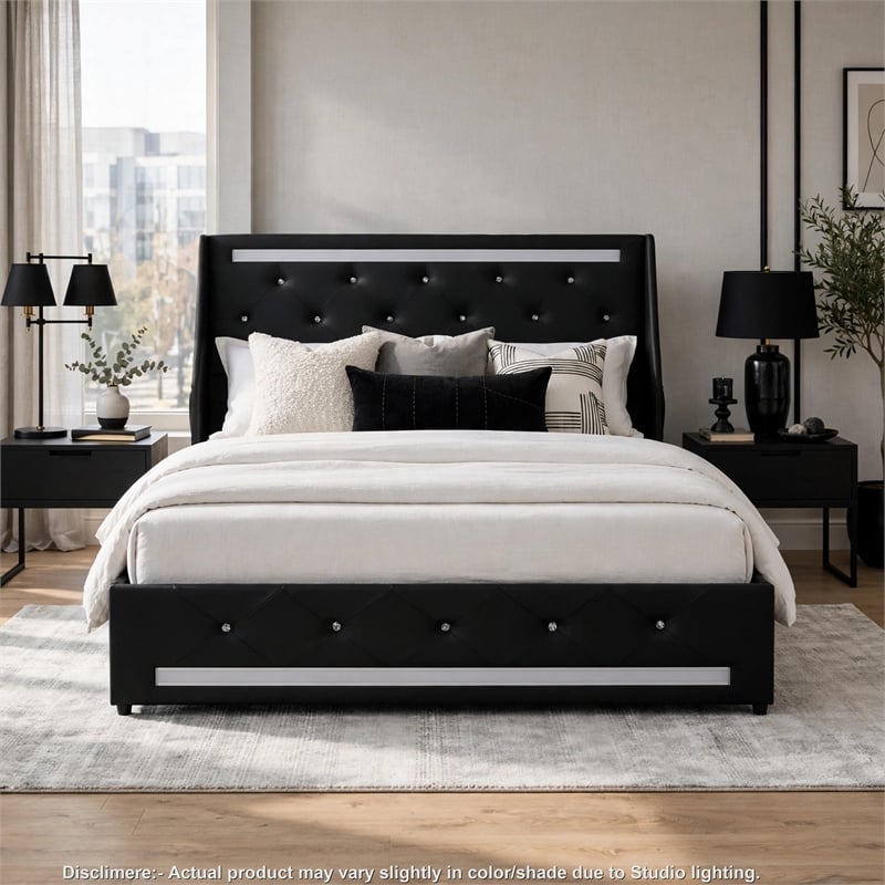 Lesly Storage Full Bed- LED Wingback Headboard- Black Faux Leather