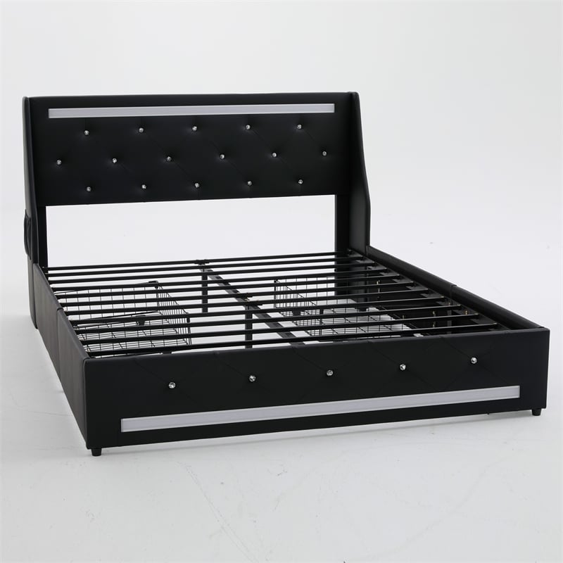 Lesly Storage Full Bed- LED Wingback Headboard- Black Faux Leather