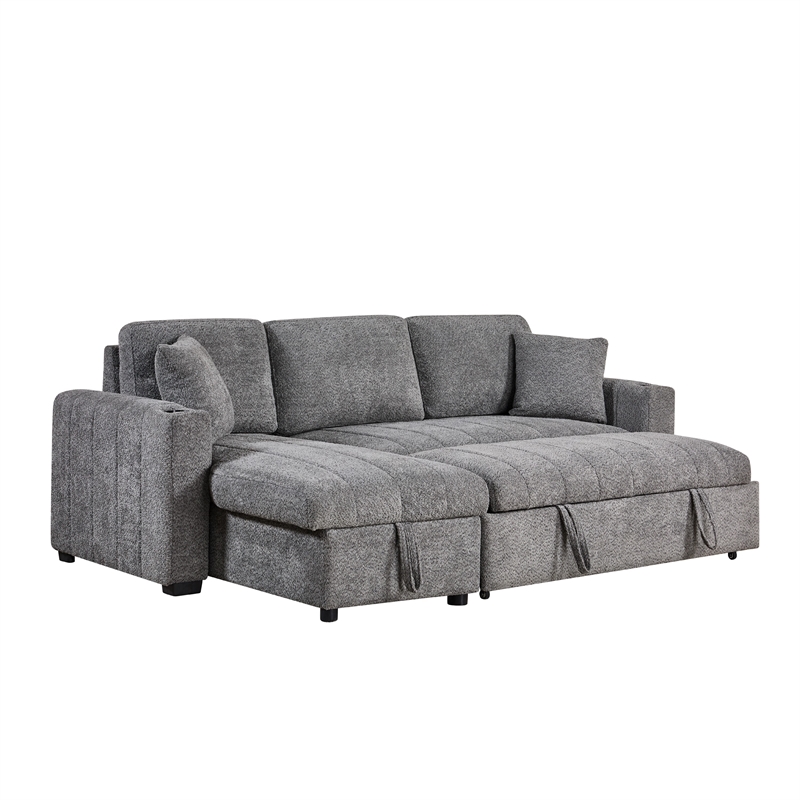 Sery Sleeper Sectional- Storage Chaise- 2 Accent Pillows- Gray Boucle