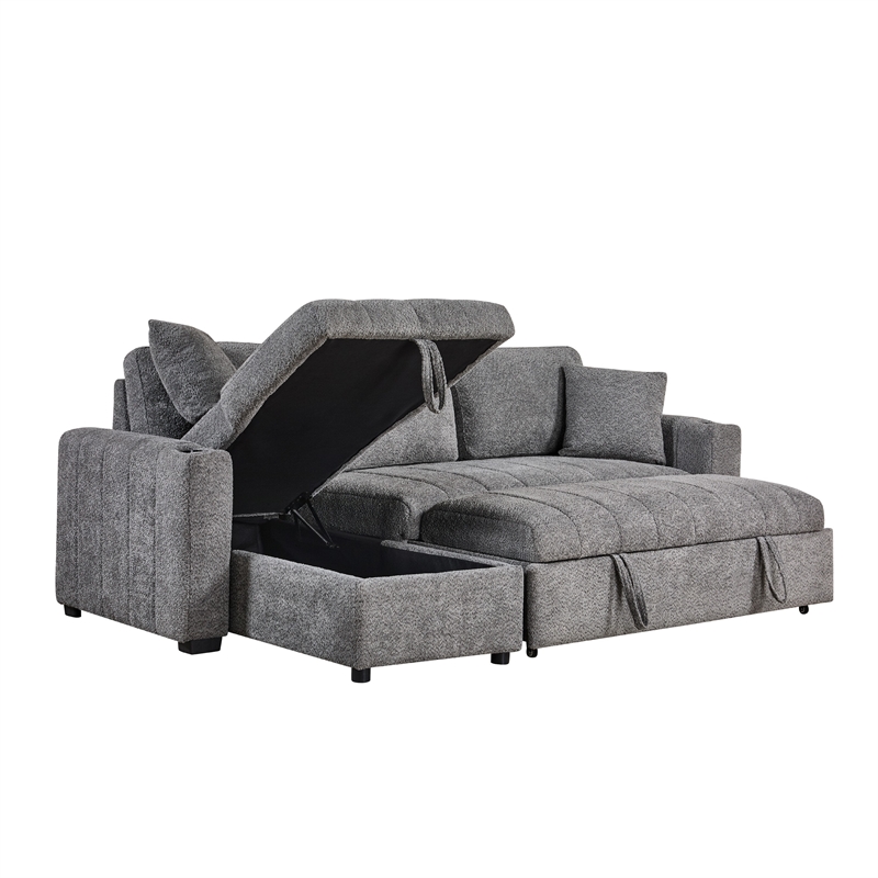Sery Sleeper Sectional- Storage Chaise- 2 Accent Pillows- Gray Boucle