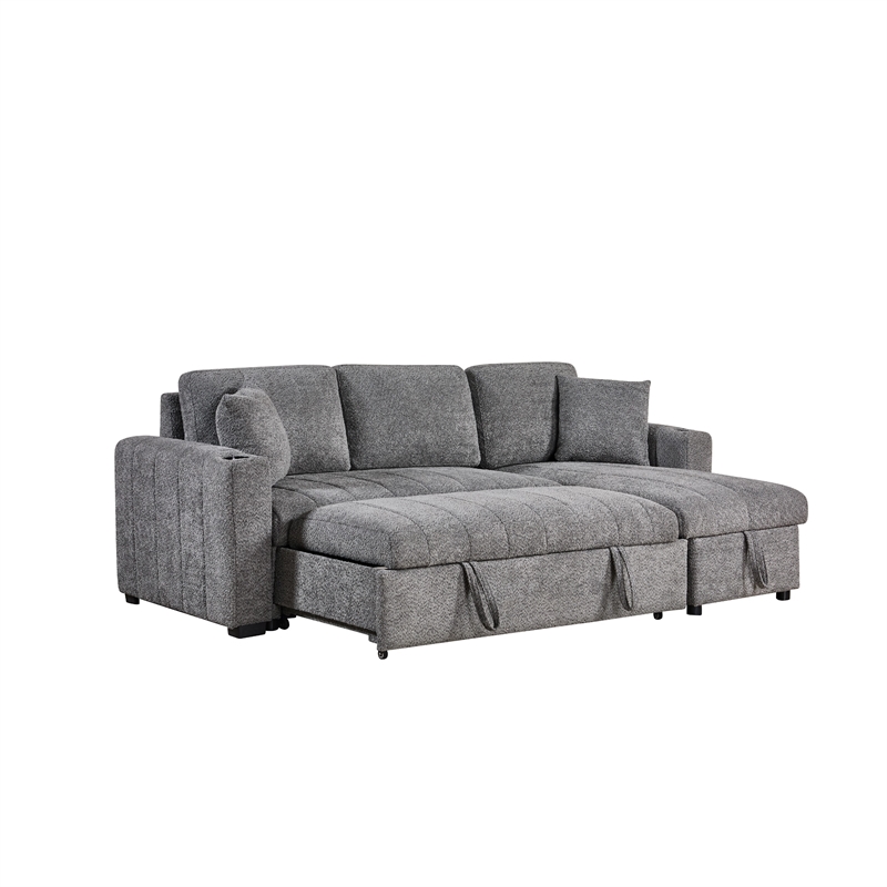Sery Sleeper Sectional- Storage Chaise- 2 Accent Pillows- Gray Boucle