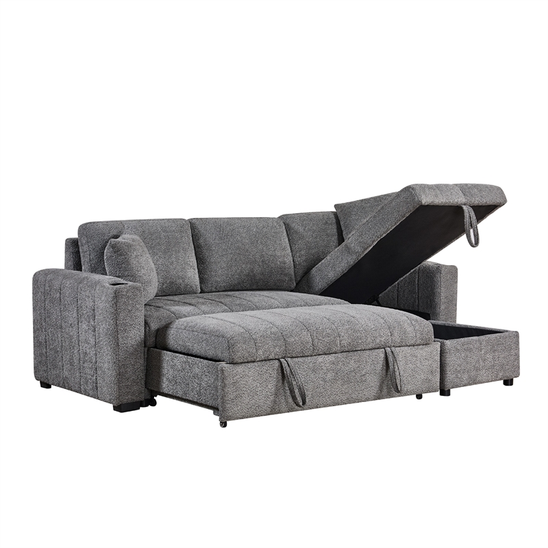 Sery Sleeper Sectional- Storage Chaise- 2 Accent Pillows- Gray Boucle