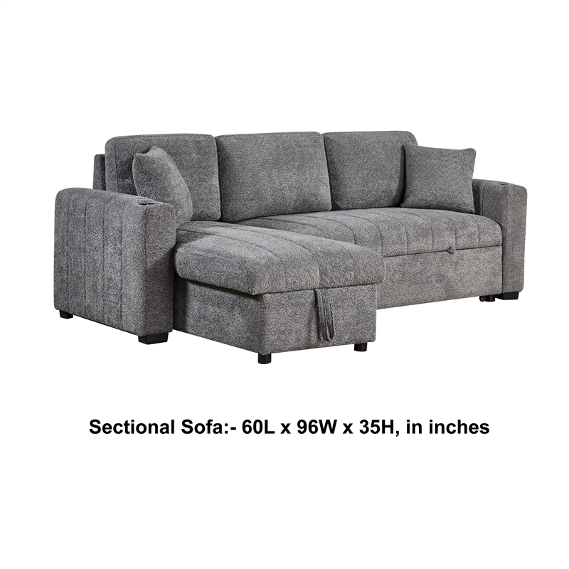 Sery Sleeper Sectional- Storage Chaise- 2 Accent Pillows- Gray Boucle
