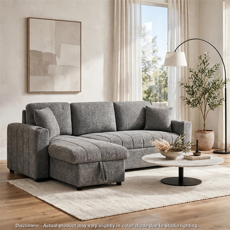 Sery Sleeper Sectional- Storage Chaise- 2 Accent Pillows- Gray Boucle
