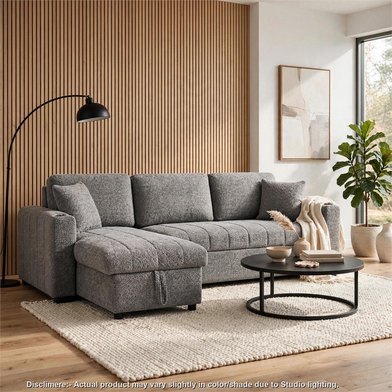 Sery Sleeper Sectional- Storage Chaise- 2 Accent Pillows- Gray Boucle