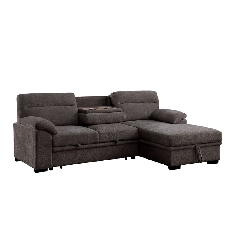 Geni Sleeper Sectional with Storage Chaise- USB Ports- Brown Chenille