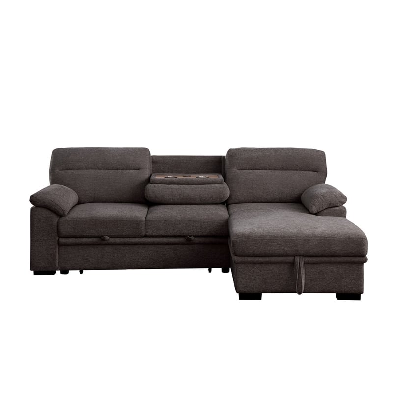 Geni Sleeper Sectional with Storage Chaise- USB Ports- Brown Chenille