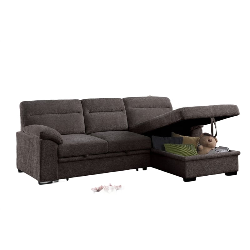 Geni Sleeper Sectional with Storage Chaise- USB Ports- Brown Chenille