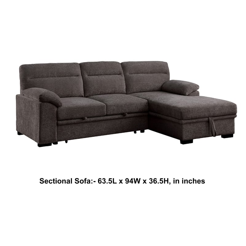 Geni Sleeper Sectional with Storage Chaise- USB Ports- Brown Chenille