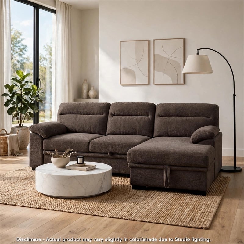 Geni Sleeper Sectional with Storage Chaise- USB Ports- Brown Chenille