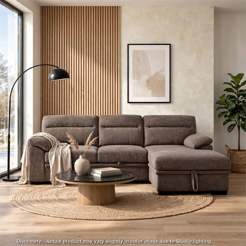 Geni Sleeper Sectional with Storage Chaise- USB Ports- Brown Chenille