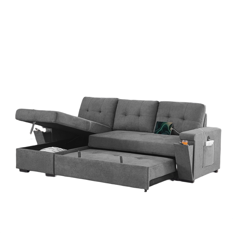Oby Sleeper Sectional with Storage Chaise and USB Ports- Gray Fabric