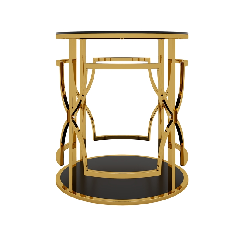 Bezzo Gold Round Side Table- Black Glass Top and Shelf- Metal Base- 22 Inch
