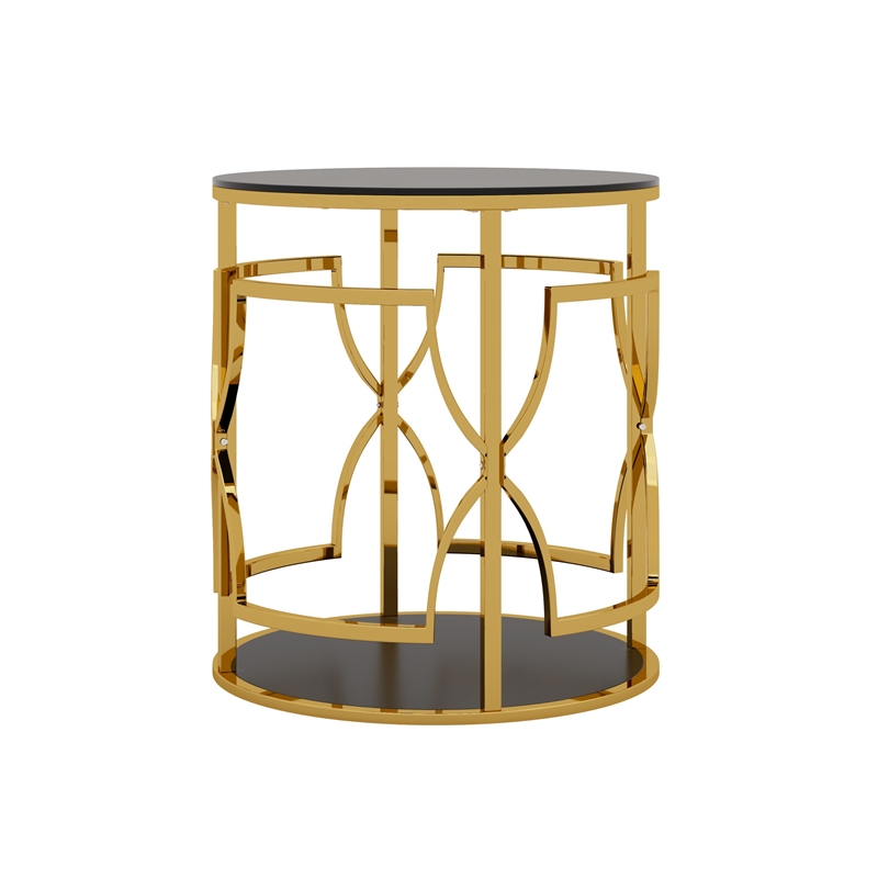 Bezzo Gold Round Side Table- Black Glass Top and Shelf- Metal Base- 22 Inch