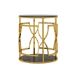 Bezzo Gold Round Side Table- Black Glass Top and Shelf- Metal Base- 22 Inch