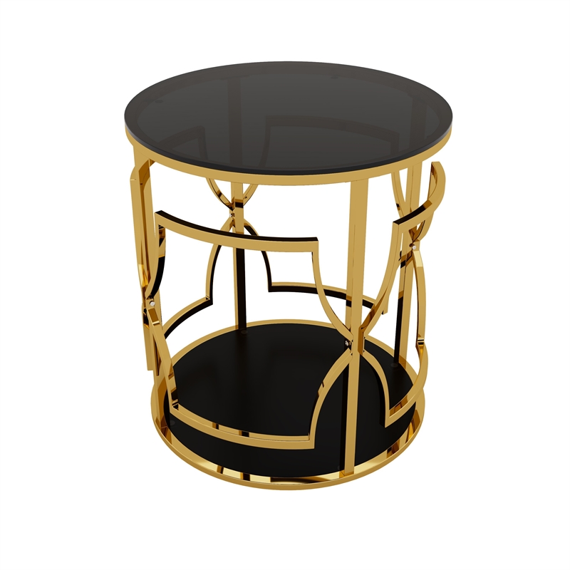 Bezzo Gold Round Side Table- Black Glass Top and Shelf- Metal Base- 22 Inch