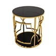 Bezzo Gold Round Side Table- Black Glass Top and Shelf- Metal Base- 22 Inch