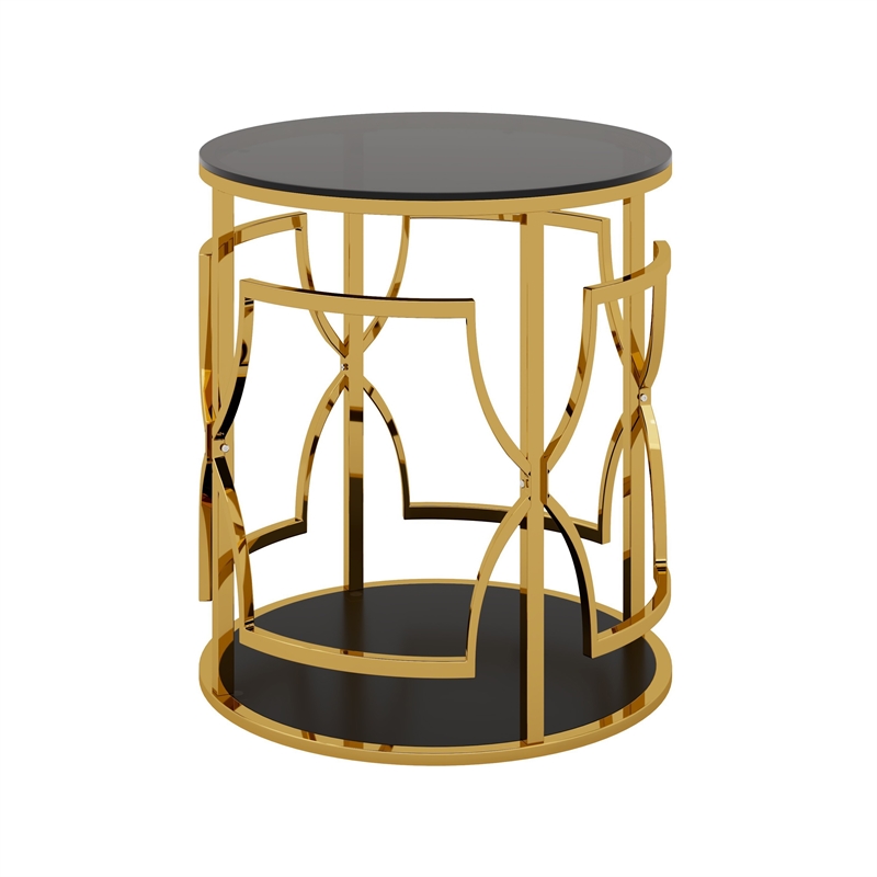 Bezzo Gold Round Side Table- Black Glass Top and Shelf- Metal Base- 22 Inch